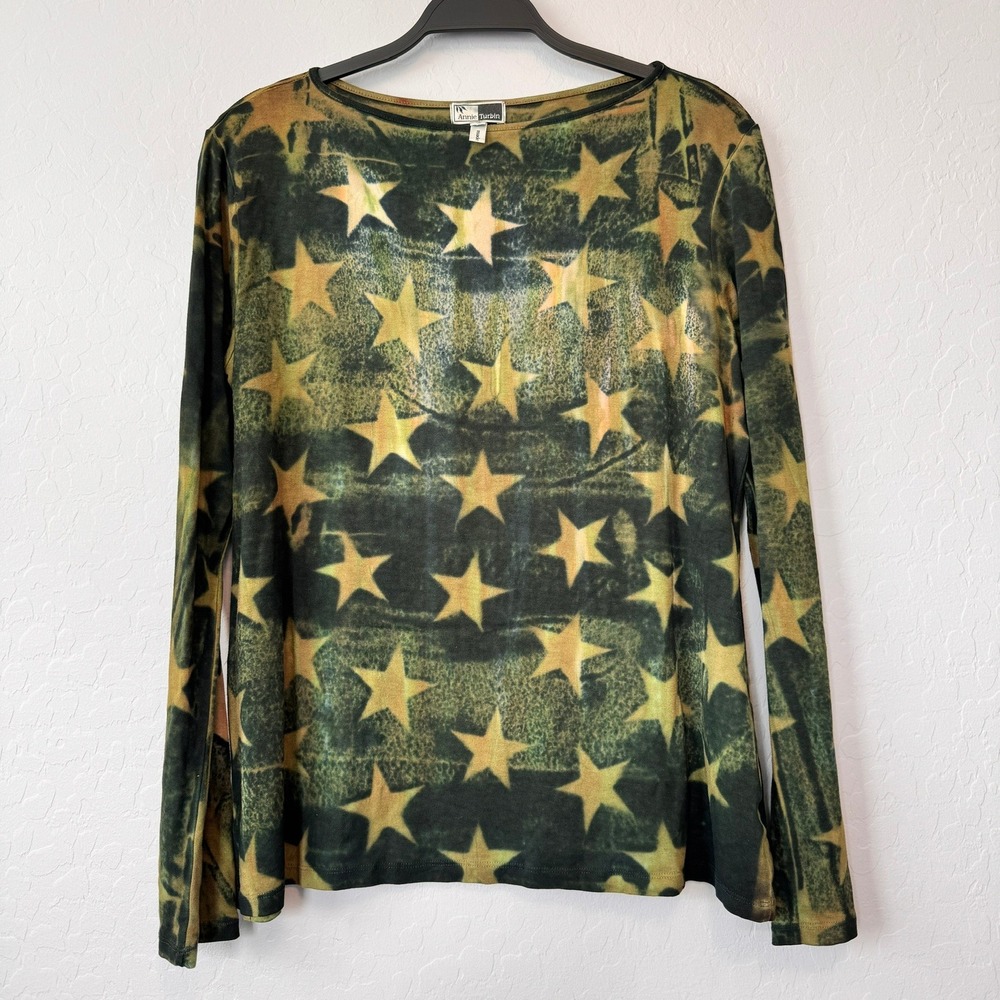 Annie Turbin Size 3 Large Top Green Yellow Stars Long Sleeve Boat Neck Stretch